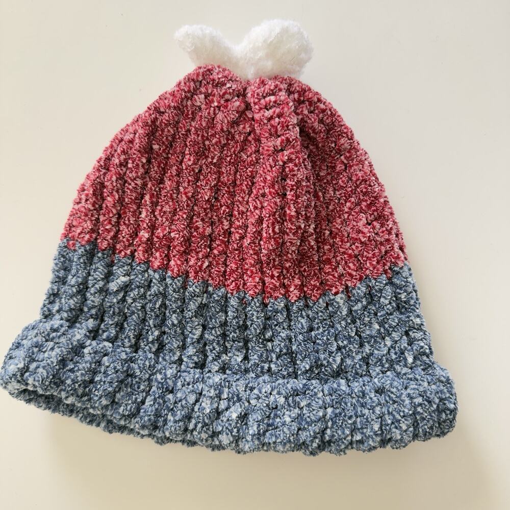 Handmade Red Blue Chunky Chenille Beanie - Soft Velvet Knit Winter Pom Pom Hat